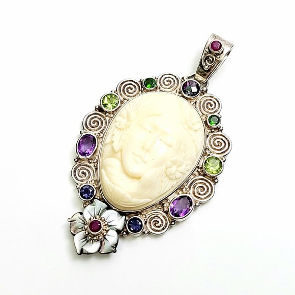 Sajen Sterling Silver Carved Shell Goddess Face Gemstone Pendant #8352 - Picture 3 of 6